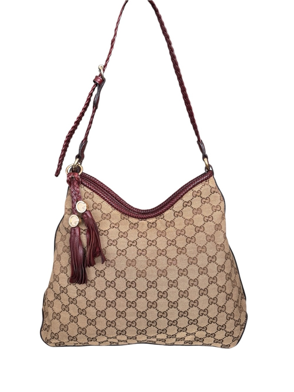 Gucci Marrakech Hobo Monogram Canvas Shoulder Bag with Burgundy Trim
